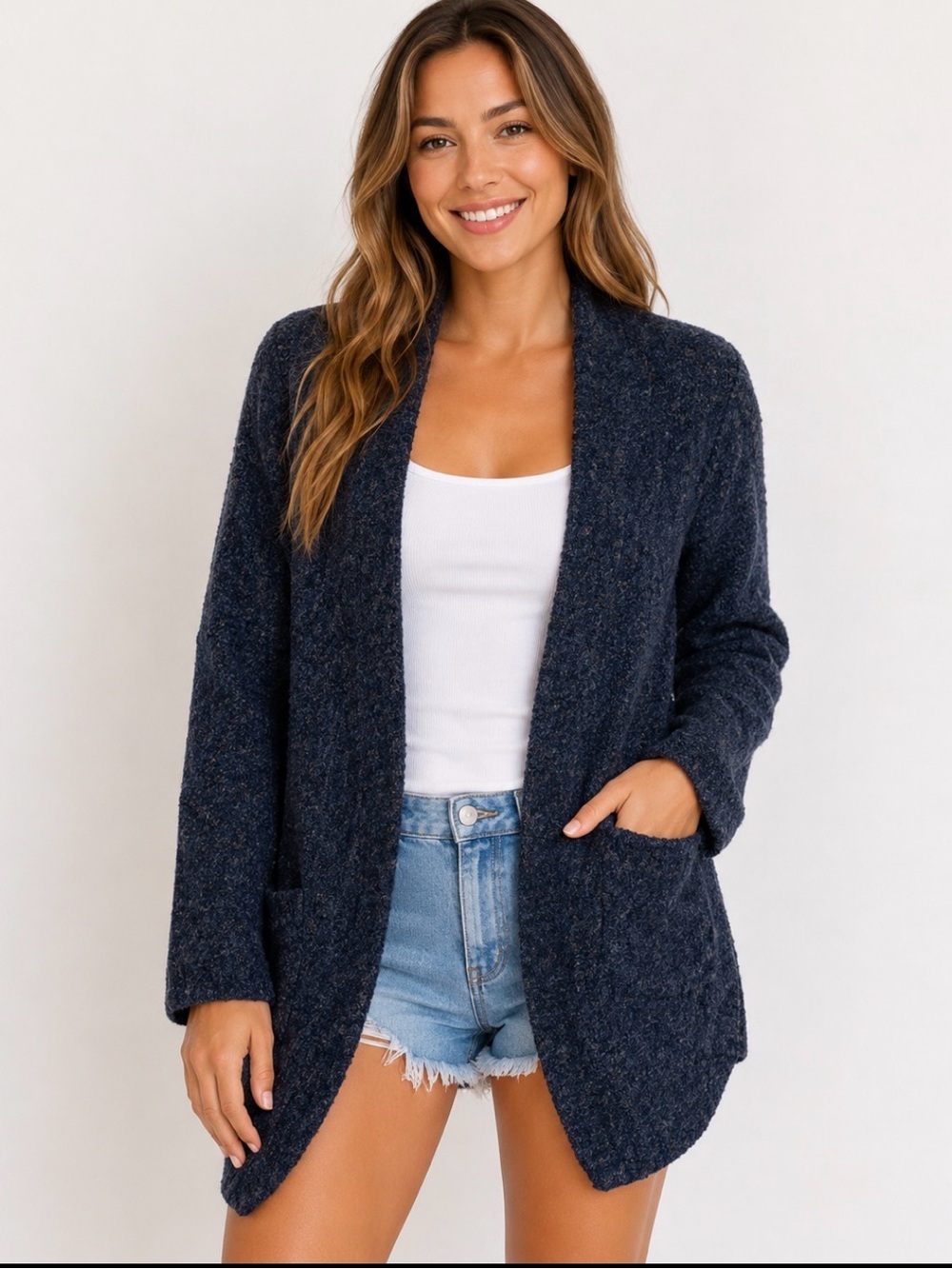 Matty M gray with blue speckles open front chunky cardigan sweater SZ XS boxy